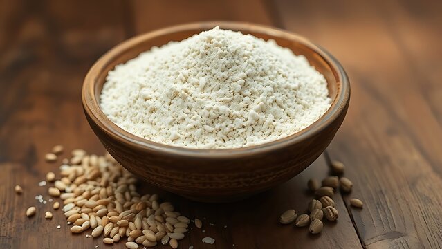 emmer. Rustic ceramic bowl with dark emmer flour and grains on wooden surface, soft lighting. menu design, packaging mockups, designed for food delivery and cloud-kitchen brand materials.