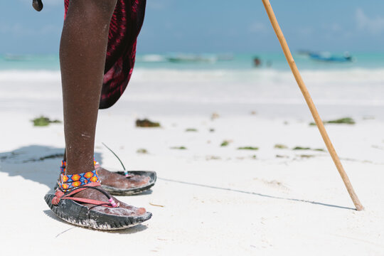 Detail of handmade Masai shoes made with car tire rubber.