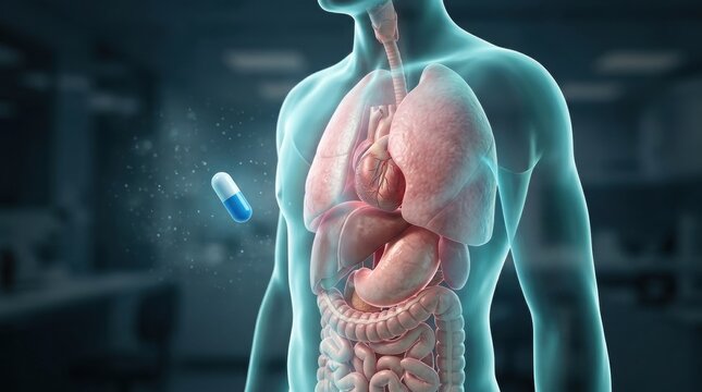 Medical capsule entering human body with internal organs visible