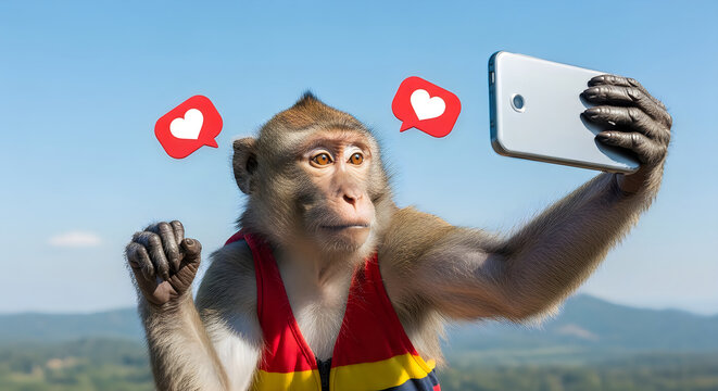 A curious monkey takes a selfie with a smartphone capturing a playful moment in nature
