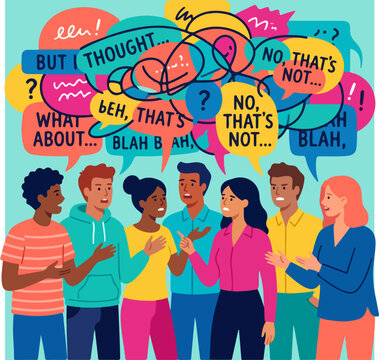 Group of diverse people having a heated discussion with speech bubbles.