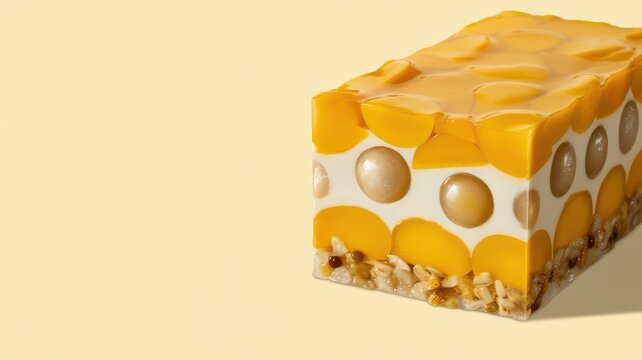 Rectangular mango and sago layered dessert terrine on pale yellow background