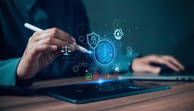 AI governance hologram featuring justice scales, compliance documents, and validation checkmarks for ethical control, Person working on a tablet, approval, rejection, human-in-the-loop