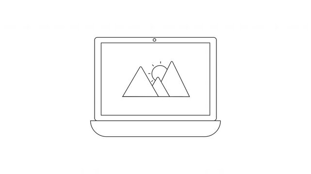 Minimalist laptop displaying a mountain landscape illustration.