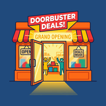 Illustration of a retail store celebrating a grand opening with doorbuster deals.