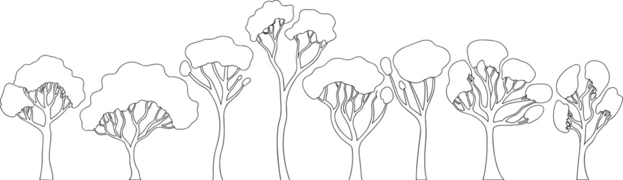Tree outline collection hand drawn forest canopy botanical nature landscape vector set decorative line illustration pack