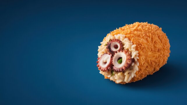 Golden fried croquette filled with rice and octopus slices on blue background
