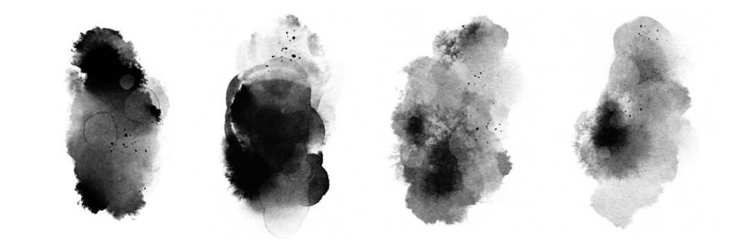 Abstract halftone ink blob, grunge art set. Black paint stroke texture. Wallpaper design. Hand drawn watercolor isolated illustration