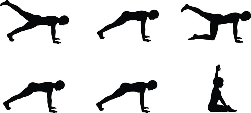 Woman workout silhouette exercise poses fitness training yoga stretching pilates strength healthy lifestyle vector collection set