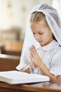 Child Holding Rosary and Prayer Book During First Communion. Generative AI &ndash; no real persons