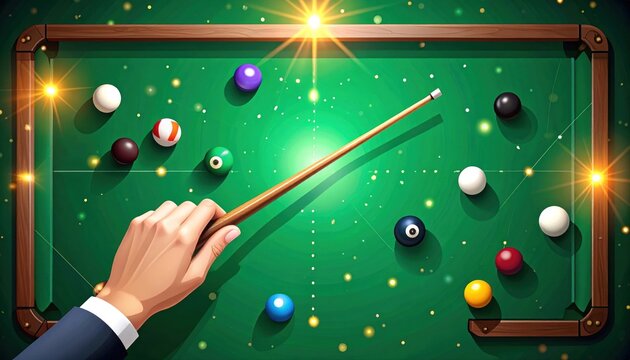 Hand holding cue stick above pool table with colored balls and sparkles
