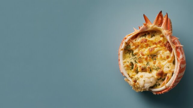 Baked stuffed crab shell with golden brown cheese topping on a solid blue background