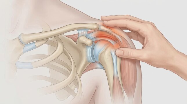 Close-up illustration of a painful shoulder joint with a hand touching the affected area