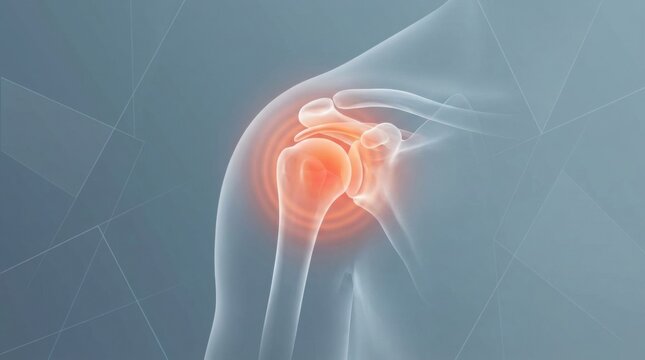 3D medical illustration of a painful shoulder joint with radiating inflammation