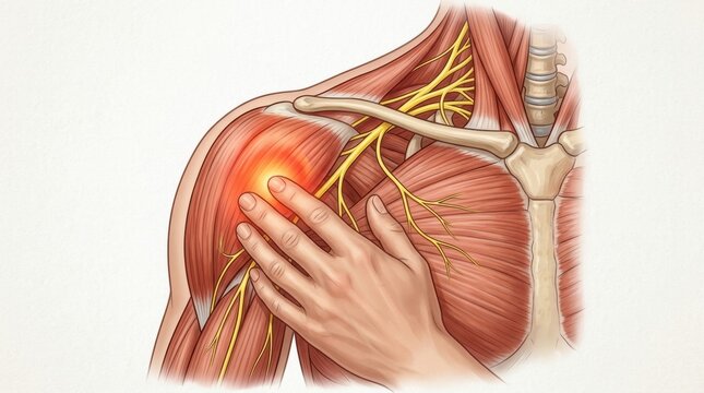 Close-up anatomical illustration of shoulder pain with highlighted nerves and muscles