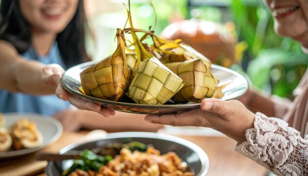 Eid Al Fitr or Breaking the Fast Dinner Family Gathering with Opor Ayam Ketupat, Female Hand Serve Plate of Food