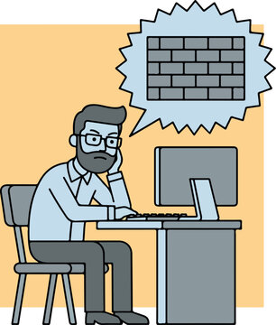 Stressed programmer working on firewall security software.