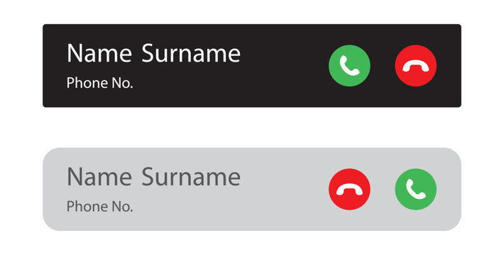 Phone Call Pop Up Notification Icon Set, Incoming Call Alert UI Template with Answer and Reject Buttons Vector for Mobile App and UX Design.