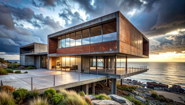 Modern cliffside home with expansive ocean views at sunset