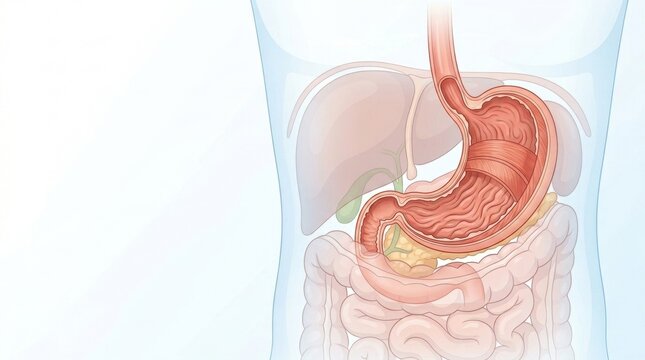 Detailed illustration of the human digestive system showing stomach, liver, and intestines