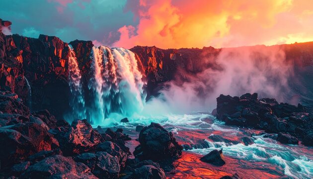 A majestic waterfall cascades into a river under a vibrant sunset sky