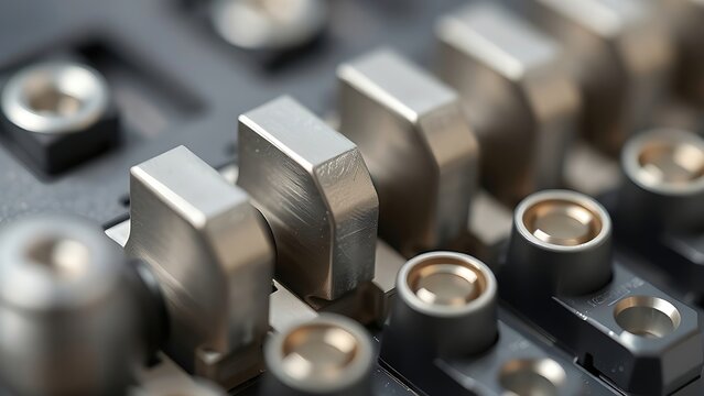 contactor. Close-up of silver alloy contacts inside a contactor showing smooth surface texture. safety posters, maintenance manuals, designed for precision metalworking and fabrication facilities.