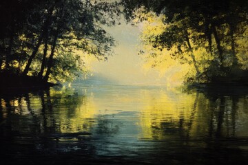 Obraz premium Sunlight streams through trees, illuminating a tranquil river with reflections