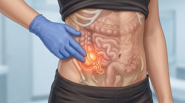 Doctor's gloved hand points to inflamed appendix during medical examination of abdomen
