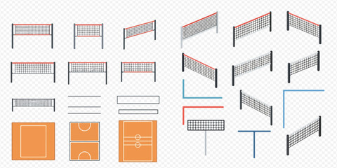 Obraz premium Isometric and flat design elements for various sports, including nets, courts, and boundaries for games like volleyball, tennis, and badminton, on a transparent background.