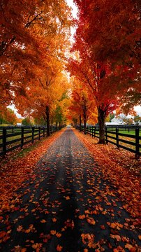 A picturesque road through vibrant autumn trees with fallen leaves
