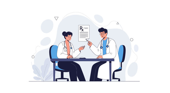 Doctors Discussing Prescription Rx Document at Desk in Modern Clinic