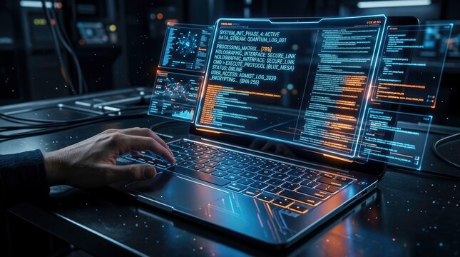Futuristic laptop with code displayed, technology concept background, coding interface, programmer