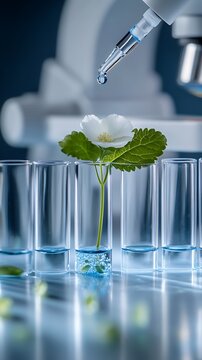 A small plant growing in a test tube with a pipette
