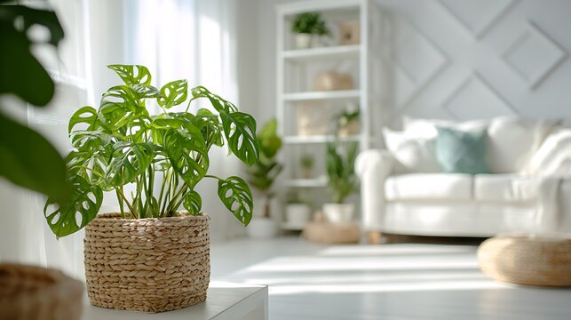 Beautiful Monstera Adansonii plant thrives in a bright minimalist living room