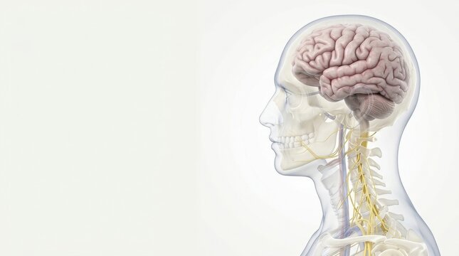 Detailed 3D illustration of the human brain and nervous system in profile