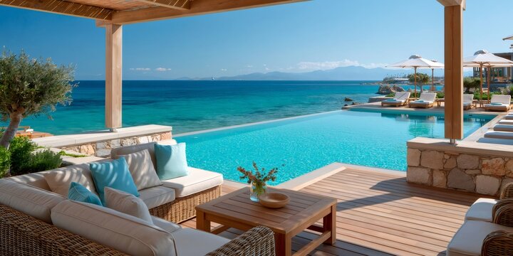 Luxury resort terrace overlooking infinity pool and blue sea