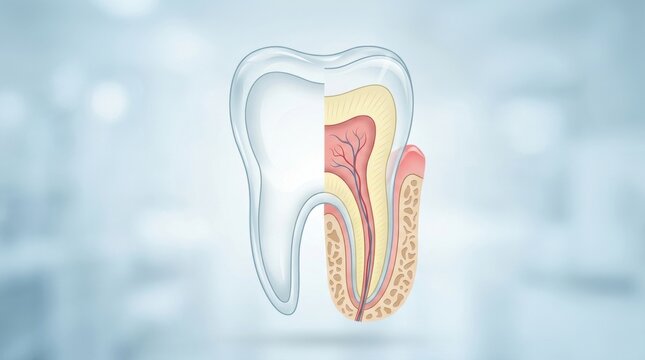 Detailed cross-section illustration of a human tooth showing internal structure and roots