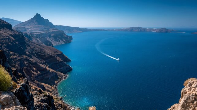 Santorini caldera seascape with sailboat cruising deep blue aegean sea