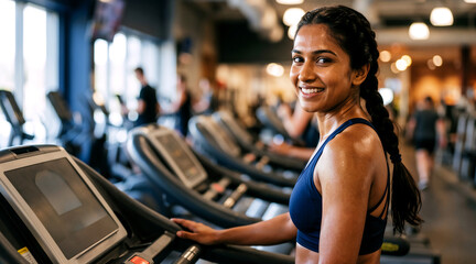 Fototapeta premium Smiling Indian Woman Exercising on Treadmill in Modern Gym