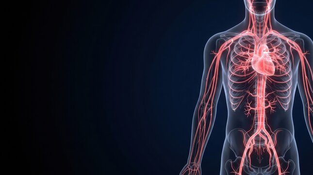 Human circulatory system with a glowing red heart and arteries on a dark background