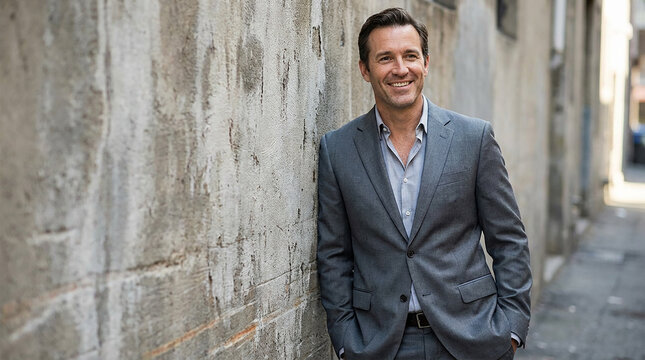 businessman with hands in pockets leaning on wall 