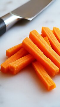 Freshly chopped carrots and a kitchen knife on a white marble surface