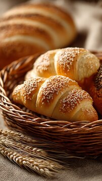 Freshly baked croissants with sesame seeds in a woven basket