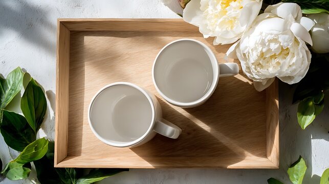 Minimalist white ceramic cups on a rectangular wooden tray with peonies