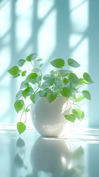 Potted green plant in white vase with soft sunlight shadows