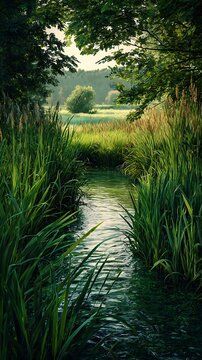 Peaceful stream flowing through lush green reeds and sunlit trees