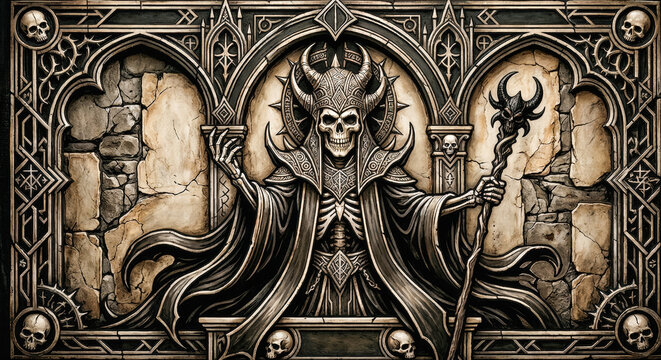 Ancient Skeletal Guardian in Ornate Archway