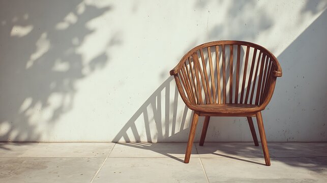 Stylish wooden chair against a sunlit wall with dramatic shadows