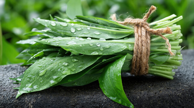 Fresh Wild Garlic Leaves with Water Drops on Stone. AI generative.