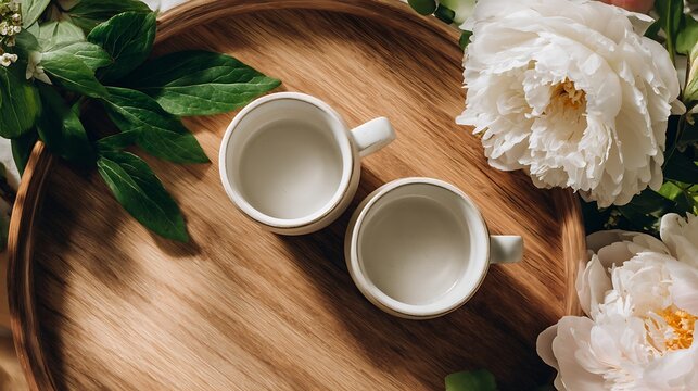 Two empty white ceramic mugs on a natural wooden tray